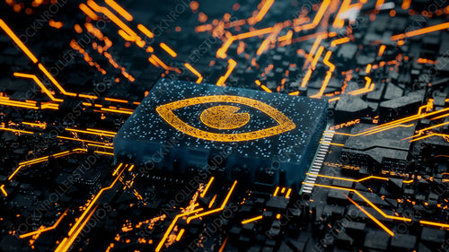 Vision Technology Concept with eye symbol on a Microchip. Data flows from the CPU across a Futuristic Motherboard. 3D render.