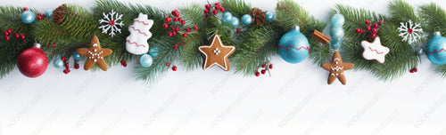 Festive Christmas border - green fir branches decorated with ginger Christmas glazed cookies in form of stars, red berries, banner format,  isolated on white.