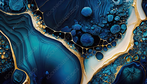 Liquid Swirls in Beautiful Navy Blue colors, with Gold Glitter. Contemporary Art Background. Generative AI.