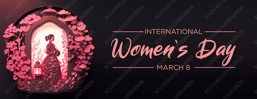 Lady in a Pink Floral Design. Beautiful Paper Cut Banner with Lanterns and caption, to Celebrate International Woman's Day. Generative AI