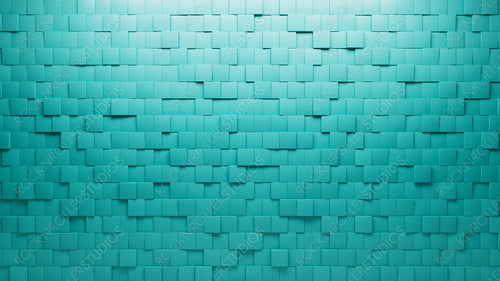 Semigloss, 3D Mosaic Tiles arranged in the shape of a wall. Teal, Polished, Bricks stacked to create a Square block background. 3D Render