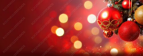 Christmas Tree with Ornament and Bokeh Lights on Warm Background