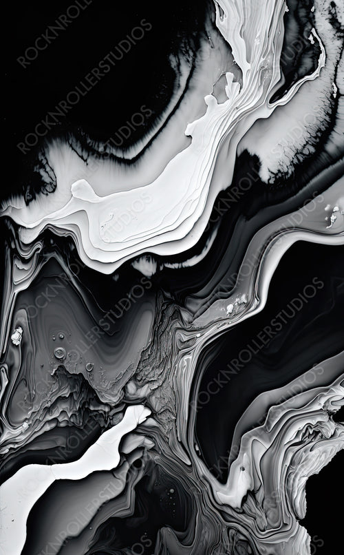Luxurious Acrylic Pour Background. Paint Swirls in Beautiful Black and White colors, with White Particles. Generative AI.