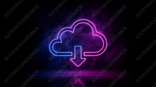 Pink and blue neon light cloud download icon. Vibrant colored data storage technology symbol, isolated on a black background. 3D Render