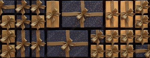 Christmas Gifts Neatly arranged in a Grid. Modern Gold and Navy Blue Seasonal Wallpaper.