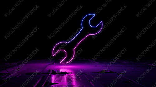 Pink and Blue neon light tool icon. Vibrant colored Configure technology symbol, on a black background with high tech floor. 3D Render