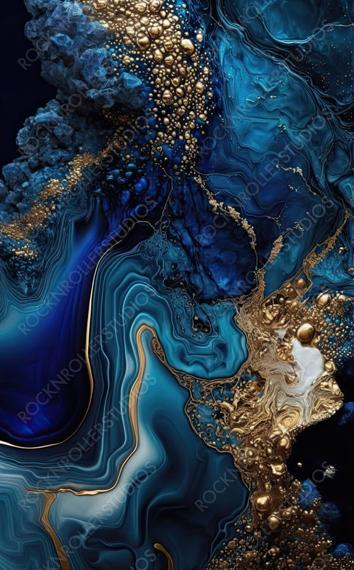Beautiful Navy Blue Paint Swirls with Gold Powder. Elegant Art Background. Generative AI.