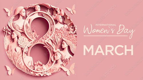 Paper Cut Design to Celebrate International Woman's Day. Premium Pink Floral Wallpaper with Number 8, Flowers and Caption. Generative AI.