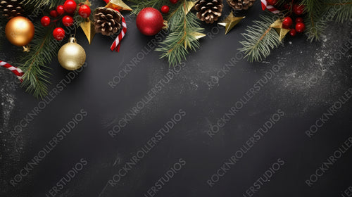 Festive Christmas greeting layout template with fir branches decorated with natural fir cones, red berries and stars. Dark black textured background, copy space, top view.