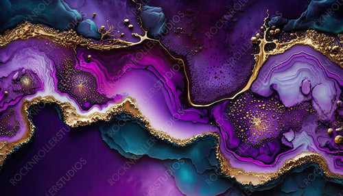 Elegant Acrylic Pour Wallpaper. Liquid Swirls in Beautiful Purple and Black colors, with Gold Powder. Generative AI.