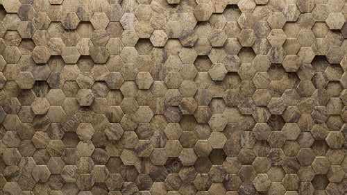 Textured Tiles arranged to create a Natural Stone wall. Hexagonal, Polished Background formed from 3D blocks. 3D Render