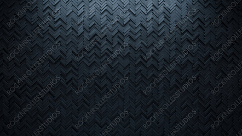 Herringbone, 3D Mosaic Tiles arranged in the shape of a wall. Semigloss, Polished, Bricks stacked to create a Black block background. 3D Render
