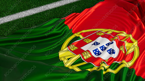 Flag of Portugal on a Sports field. Grass Pitch with a Portuguese Flag. Euro 2020 Soccer Wallpaper.