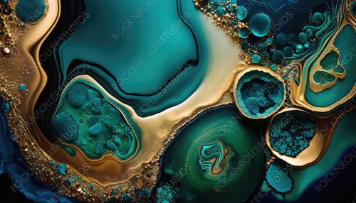 Flowing Luxurious Art Background in Beautiful Teal and Blue colors. Liquid texture with Gold Powder. Generative AI.