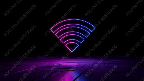 Pink and Blue neon light wifi icon. Vibrant colored Wireless technology symbol, on a black background with high tech floor. 3D Render