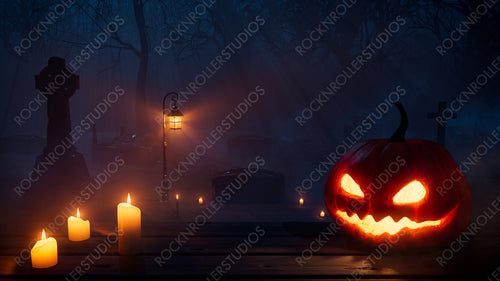 Halloween Pumpkin Lantern with Candles, in a Eerie Forest Churchyard at Night.