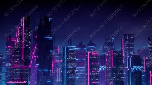 Cyberpunk Cityscape with Blue and Pink Neon lights. Night scene with Visionary Architecture.