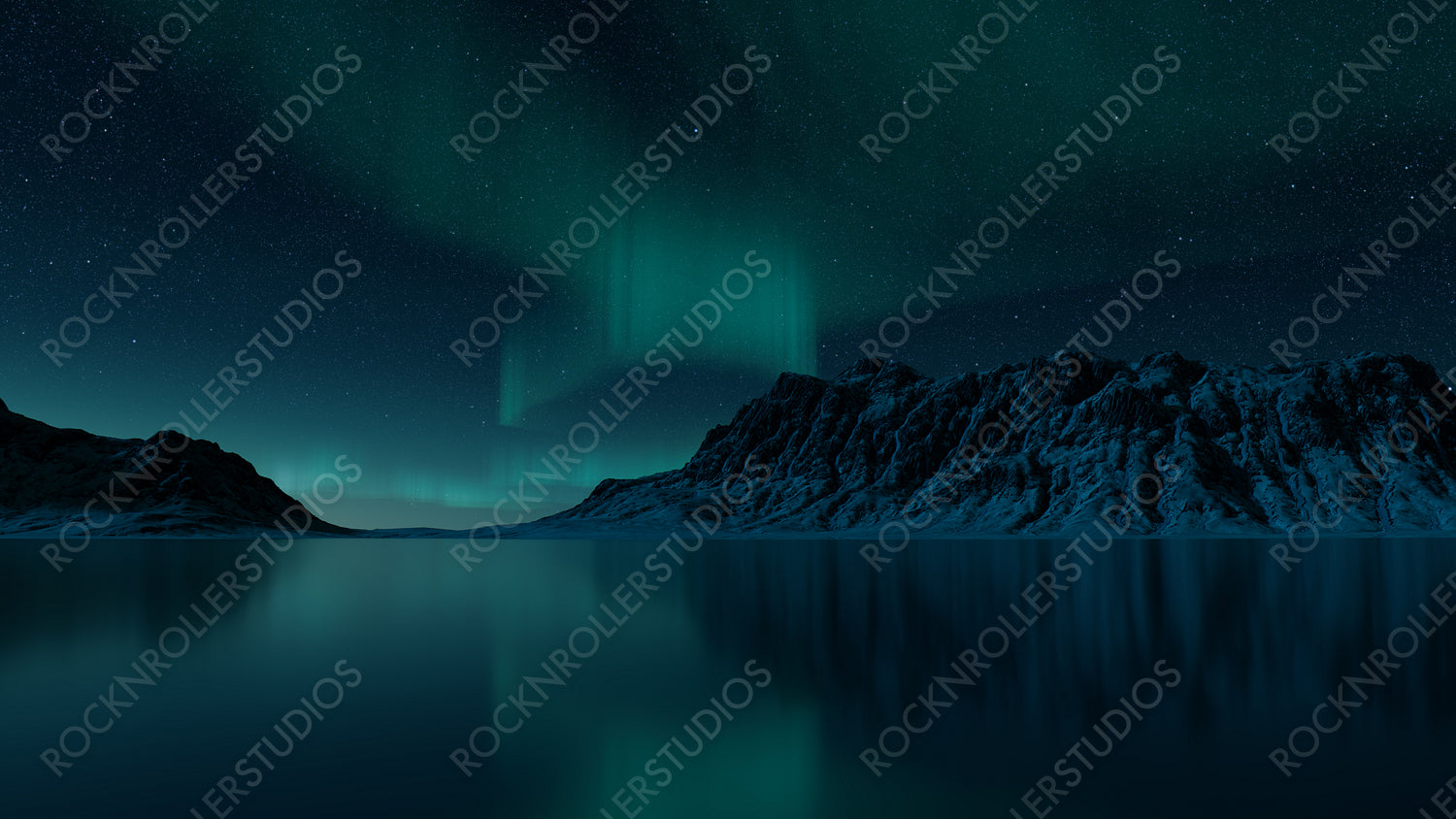 Green Aurora Borealis over Snow covered Terrain. Magical Northern Lights Banner with copy-space.