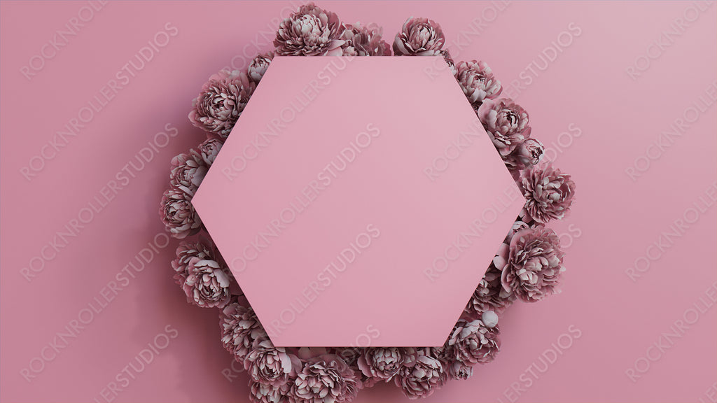 Hexagon Floral Frame with Peony Border. Pink, Mother's Day or Valentine concept with copy space.