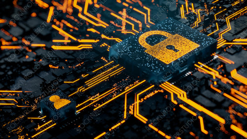 Security Technology Concept with lock symbol on a Microchip. Orange Neon Data flows between the CPU and the User across a Futuristic Motherboard. 3D render.