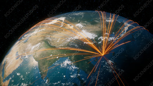 Earth in Space. Orange Lines connect Shenzhen, China with Cities across the World. Global Travel or Business Concept.