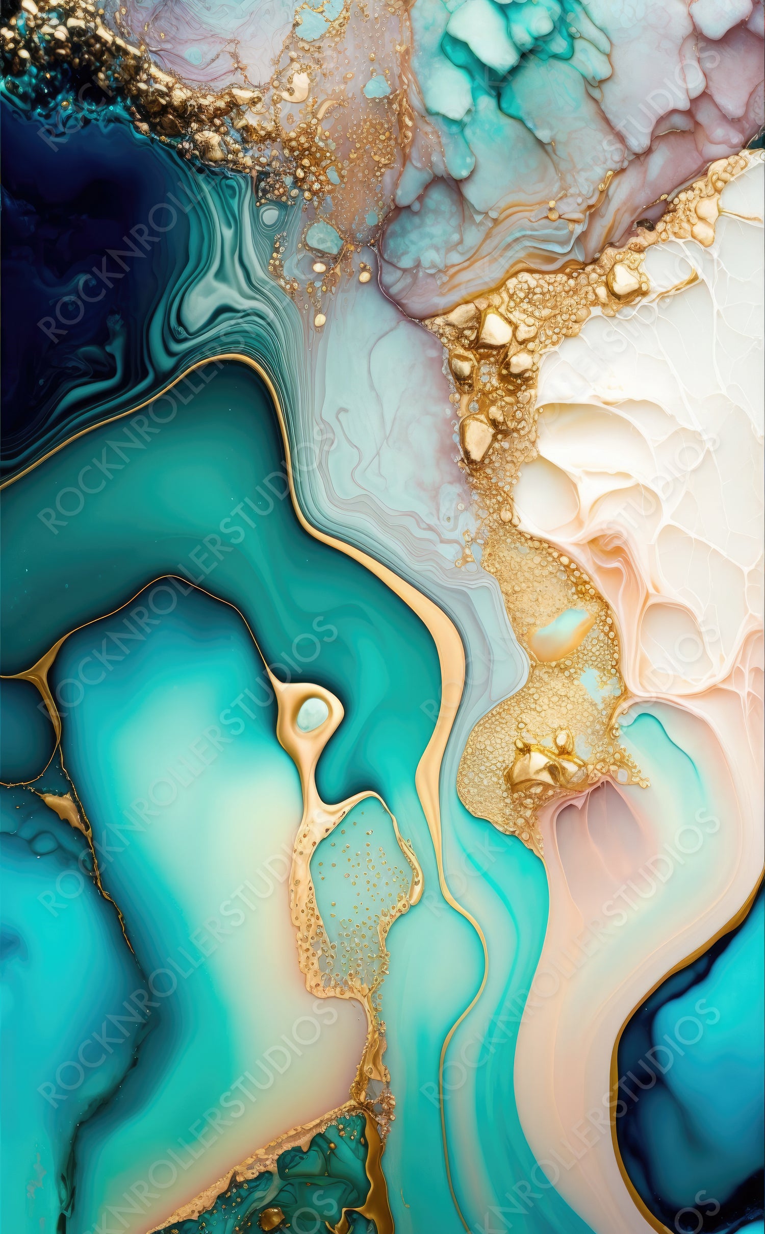 Flowing Abstract Acrylic Pour Background in Beautiful White and Pastel colors. Liquid texture with Gold Powder. Generative AI.
