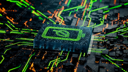 Environmental Energy Technology Concept with Green Eco battery symbol on a Microchip. Data flows from the Battery across a Futuristic Motherboard. 3D render.