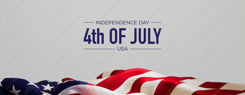 United States Flag Banner with Independence Day Caption on White. Authentic Holiday Background.