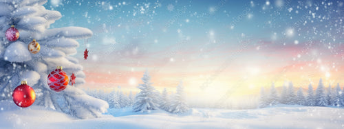 Beautiful winter Christmas scene nature panorama with snowdrifts and holiday lights. Snow-covered spruce branch and red ball on background of blue evening sky, falling flakes snow.