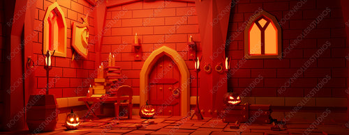 Halloween Pumpkin Lanterns with Candles, in a Fun Medieval Room at Night. Halloween background with copy-space.
