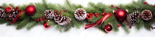 Festive Christmas border, isolated on white background. Fir green branches are decorated with red baubels, berries and fir cones. Close-up.