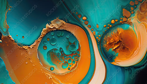 Flowing Elegant Marbling Background in Beautiful Teal and Orange colors. Paint texture with Gold Powder. Generative AI.