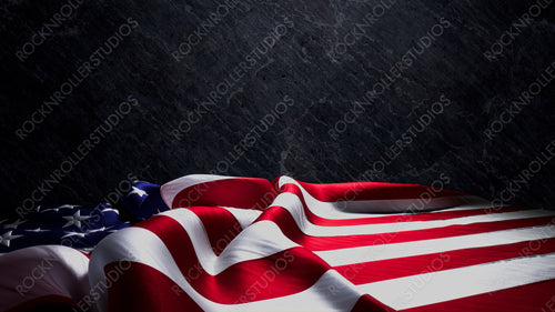 Memorial Day Banner with American Flag, Black Slate Background and Copy-Space.