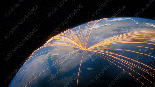 Earth in Space. Orange Lines connect Dubai, UAE with Cities across the World. Worldwide Travel or Networking Concept.