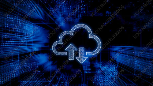 Data storage Technology Concept with cloud symbol against a Futuristic, Blue Digital Grid background. Network Tech Wallpaper. 3D Render
