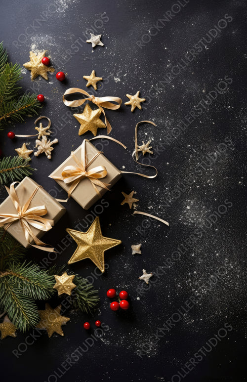 Christmas dark black background with beautiful texture and Golden gift box with gold ribbon, fir branches, cones, stars, top view, copy space.