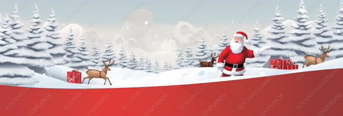 Santa Claus on The Run To Deliver Christmas Gifts at Snow Fall. Merry Christmas Illustration.
