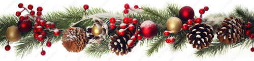 Festive Christmas border, isolated on white background. Fir green branches are decorated with gold baubels, fir cones and red berries. Close-up.