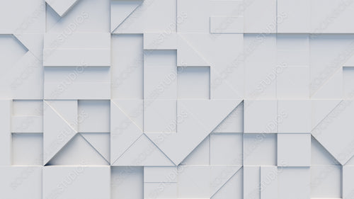 3D blocks of different shapes and sizes interlock to create a wall. White Tech background .