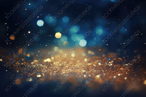 Background of Abstract Glitter Lights. Gold, Blue and Black. De Focused