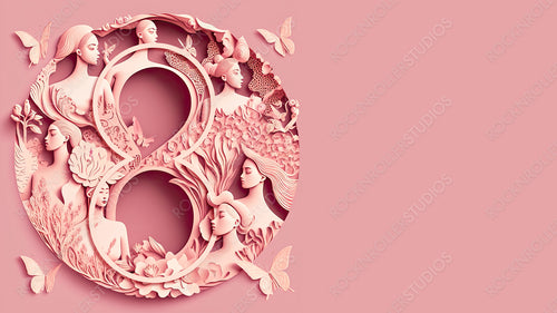 Paper Cut Design to Celebrate International Woman's Day. Lovely Pink Floral Wallpaper with Number 8, Flowers and copy-space. Generative AI.