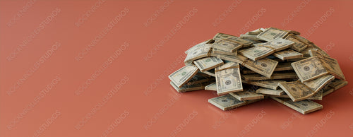 Investment Banner with Twenty Dollar Bills. Stack of Money Bundles on Coral surface with copy-space.