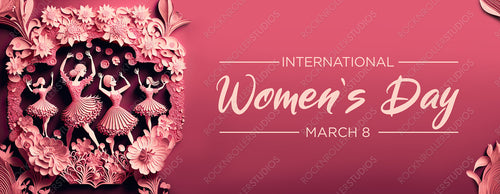 Dancing Ladies in a Pink Floral Design. Elegant Paper Craft Banner with Flowers and caption, to Celebrate International Woman's Day. Generative AI