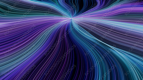 Abstract Neon Lights Background with Lilac, Turquoise and Blue Swirls. 3D Render.