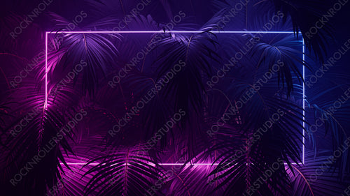 Tropical Leaves Illuminated with Pink and Blue Fluorescent Light. Nature Environment with Rectangle shaped Neon Frame.