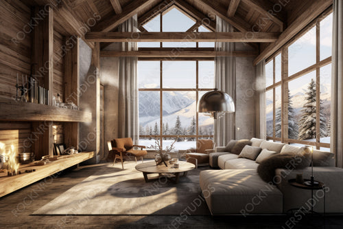Stylish Ski Chalet. Rustic Interior Design Background. Generative AI.