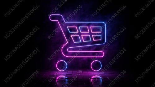 Pink and blue neon light shopping icon. Vibrant colored ecommerce technology symbol, isolated on a black background. 3D Render