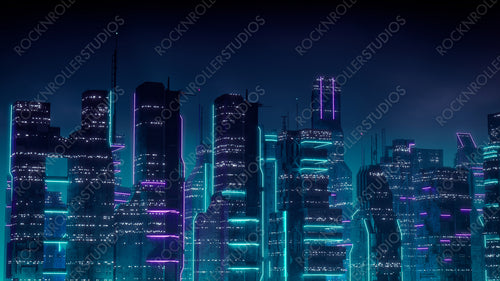 Futuristic Cityscape with Purple and Cyan Neon lights. Night scene with Futuristic Superstructures.