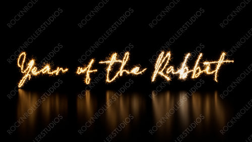 Year of the Rabbit Caption written in Sparkler Firework Text. Gold and Black Holiday Banner with copy space.
