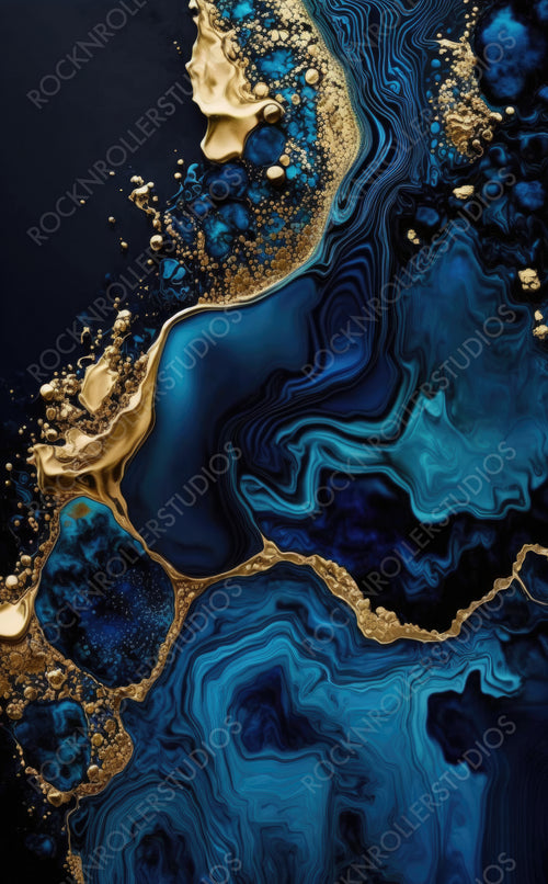 Liquid Swirls in Beautiful Navy Blue colors, with Gold Powder. Modern Acrylic Pour Wallpaper. Generative AI.